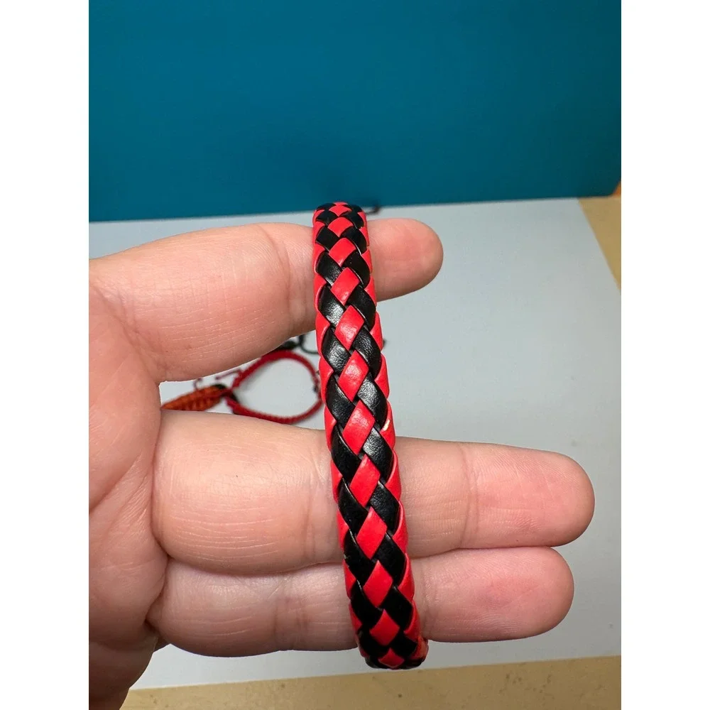 Lot of 7 Mens Braided Leather Paracord Woven Bracelets Cross Charm Black Red